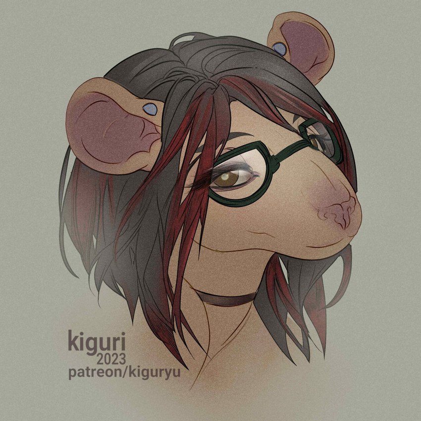 anthro black_hair brown_body brown_eyes brown_fur choker ear_piercing ear_stud eyewear female fur glasses hair highlights_(coloring) jewelry looking_at_viewer messy_hair necklace piercing red_highlights solo straight_hair kiguri kaitlynn_de_vris mammal murid murine rat rodent 1:1 headshot_portrait hi_res portrait