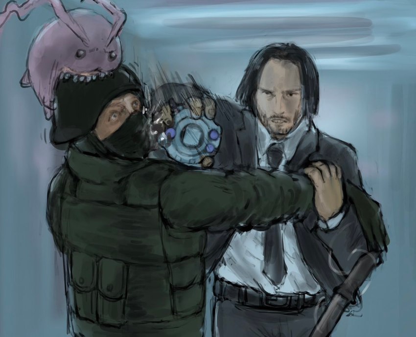 armor bite black_hair digivice feral group hair headgear helmet humor long_hair male military pink_body punch soldier trio warrior mas_square bandai_namco digimon john_wick john_wick_(character) keanu_reeves digimon_(species) human mammal tokomon