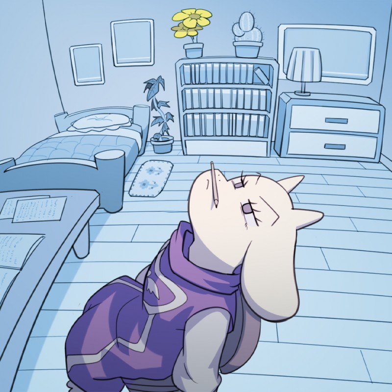 annoyed anthro bed bedroom biped clothing detailed_background female fur furniture half-closed_eyes horn inside long_ears narrowed_eyes pencil_(object) purple_eyes sitting solo thinking thoughtful_expression white_body white_fur nyusu_ut undertale undertale_(series) toriel boss_monster_(undertale) bovid caprine mammal 1:1 cool_colors lol_comments