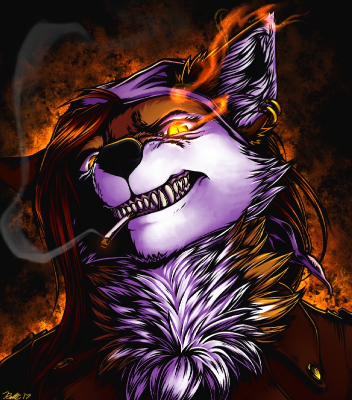 abstract_background angry anthro cigarette clothed clothing ear_piercing female glowing glowing_eyes piercing smile solo conditional_dnp ratte legacy_(ratte) beyle canid canine faraden fox mammal new_faraden 2017 digital_media_(artwork)