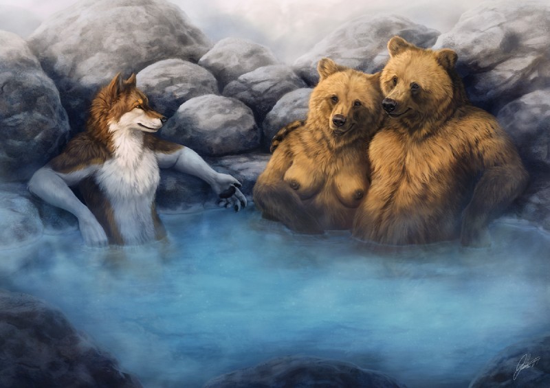 5_fingers anthro arm_around_shoulders black_nose breasts brown_body brown_fur brown_nipples casual_nudity claws countershading detailed_background female fingers fur group hot_spring male male/female nipples nude partially_submerged reclining rock romantic romantic_couple sitting smile steam water white_body white_countershading white_fur johis stormwolff bear canid canine canis mammal wolf 2017 digital_media_(artwork)