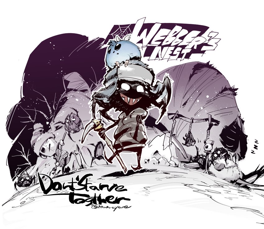 black_body black_fur clothed clothing fur group hat headgear headwear male partially_clothed simple_background solo_focus topwear vest white_background white_eyes kawarayane don't_starve klei_entertainment webber wx-78 animal_humanoid arachnid arachnid_humanoid arthropod arthropod_humanoid humanoid spider spider_humanoid absurd_res hi_res