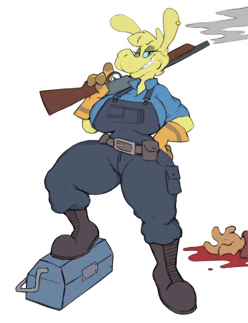 ambiguous_gender anthro big_breasts blood blue_eyes bodily_fluids boots breasts clothing ear_piercing female footwear gloves grin gun hand_on_hip handwear mechanic muscular muscular_thighs offscreen_character piercing pump_action pump_action_shotgun ranged_weapon shirt shoes shotgun simple_background smile smiling_at_viewer smug solo thick_thighs tool_belt toolbox topwear weapon weapon_on_shoulder delfucko goatonomous headbutterz third-party_edit team_fortress_2 valve engineer_(team_fortress_2) miss_b camelid llama mammal 2022 hi_res