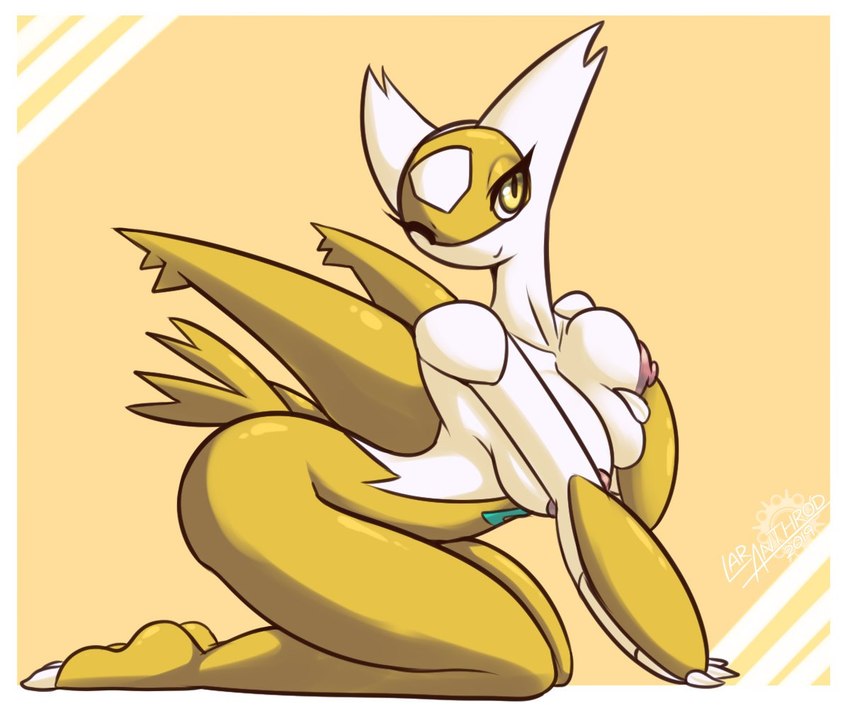 anthro anthrofied big_breasts biped breasts claws female kneeling nipples nude side_view simple_background smile solo yellow_body yellow_eyes latiar nintendo pokemon generation_3_pokemon latias legendary_pokemon pokemon_(species) shiny_pokemon 2019 6:5 digital_media_(artwork)