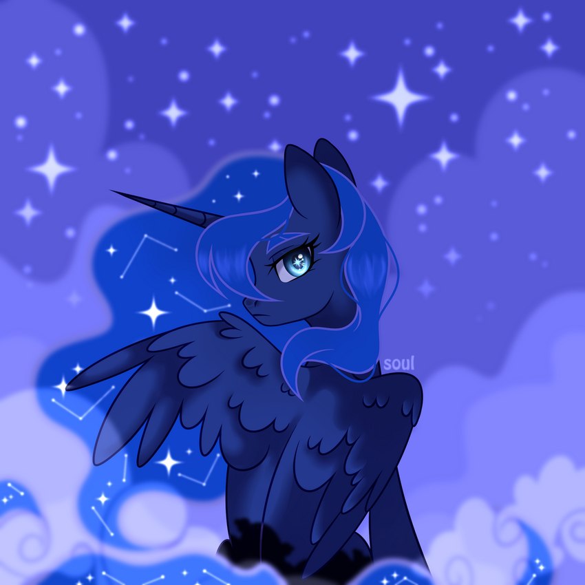 blue_body blue_eyes blue_feathers blue_fur blue_hair blue_mane blue_tail cutie_mark ethereal_hair ethereal_mane ethereal_tail eyebrows eyelashes feathered_wings feathers female feral fur hair horn long_horn looking_at_viewer looking_back looking_back_at_viewer mane pseudo_hair pseudo_mane sitting solo tail wings cursedsooooul friendship_is_magic hasbro my_little_pony mythology princess_luna_(mlp) equid equine mammal mythological_creature mythological_equine winged_unicorn 1:1 hi_res