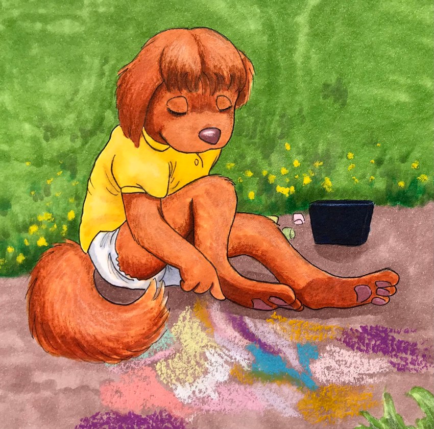 anthro brown_body brown_fur brown_hair chalk clean_diaper clothed clothing collared_shirt container dandelion diaper drawing_(action) eyes_closed flower fur grass hair long_ears looking_down male outside partially_clothed pawpads paws pink_nose plant polo_shirt shirt short_hair short_sleeves sitting smile solo tail topwear wearing_diaper yellow_clothing yellow_shirt yellow_topwear young christaphorac canid canine mammal absurd_res hi_res traditional_media_(artwork)