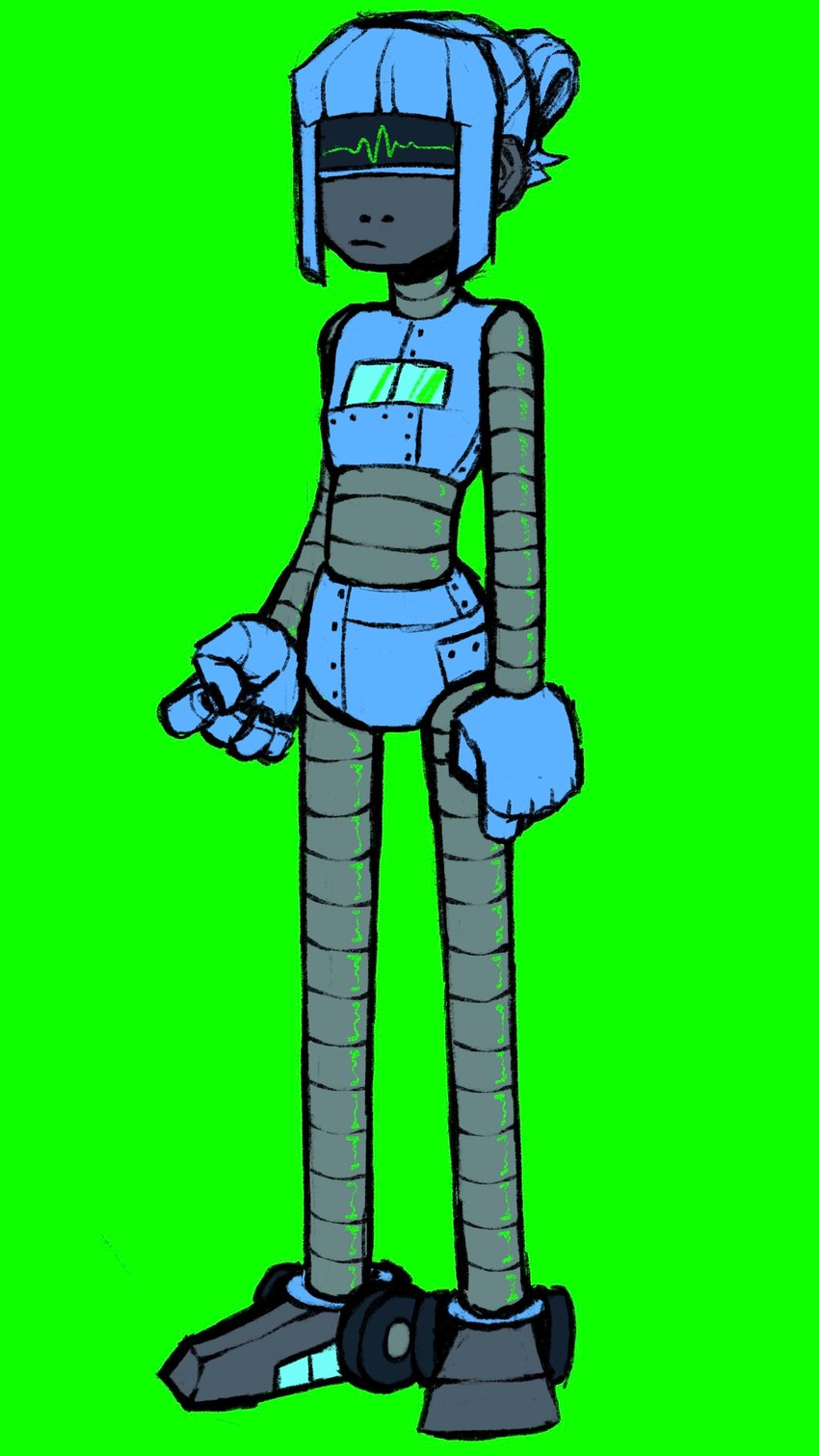 bangs blue_body blue_hair corrugated_arms corrugated_legs corrugated_neck corrugated_waist corrugation female glistening glistening_body green_background grey_body hair machine narrow_hips not_furry ponytail simple_background skinny slim solo thigh_gap thin_calves thin_legs thin_thighs dreamscreep nickelodeon spongebob_squarepants karen_plankton humanoid robot robot_humanoid 9:16 absurd_res full-length_portrait hi_res portrait