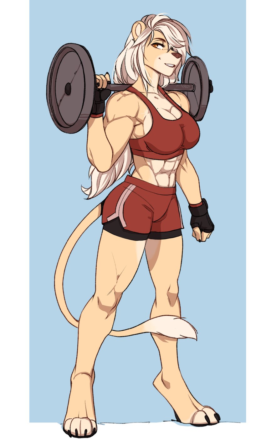 abs anthro athletic athletic_female athletic_wear female hair muscular muscular_female solo tail weights lotusgarden leona_(grizzlygus) felid lion mammal pantherine absurd_res hi_res