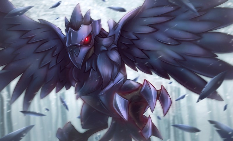 ambiguous_gender beak claws close-up feathers feral forest glowing glowing_eyes looking_at_viewer outside plant red_eyes snow solo spread_wings toe_claws tree wings albrt-wlson nintendo pokemon avian bird corviknight generation_8_pokemon pokemon_(species) 2019 hi_res