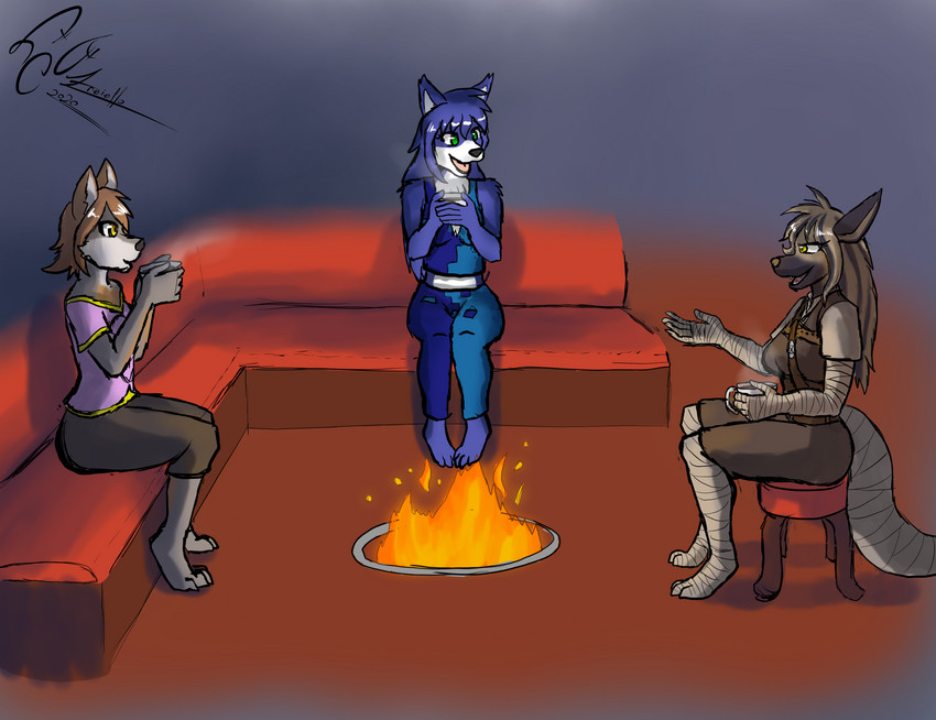 anthro beverage blue_body blue_fur brown_hair candy chocolate clothed clothing container cup dessert female fire food fur green_eyes grey_body group hair holding_object hot_chocolate sitting smile dekaisen bloodline bloodline_(webcomic) ember_(bloodline) sil_(bloodline) vivian_(bloodline) canid canine canis fox hyena mammal striped_hyena wolf 2020 hi_res