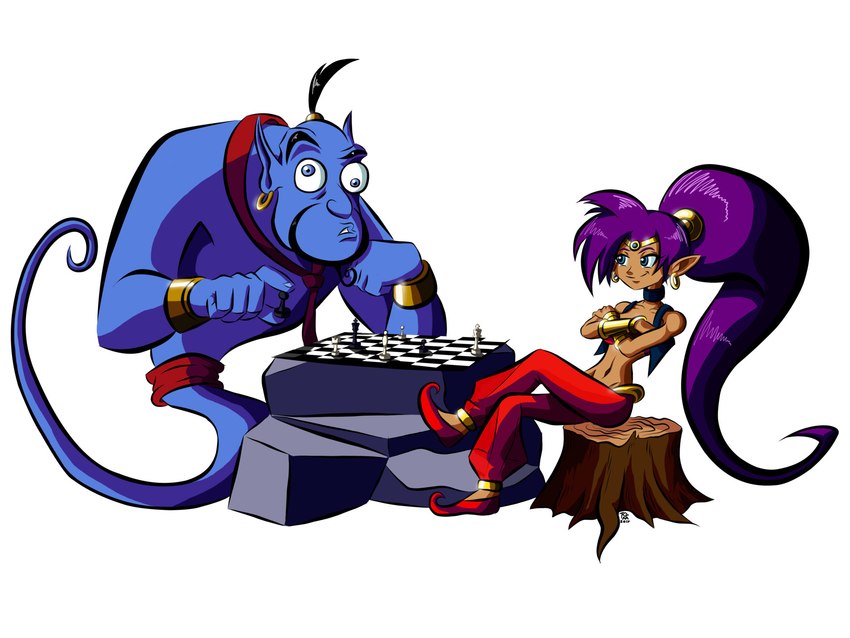 blue_body blue_eyes brown_body brown_skin chess clothing duo ear_piercing ear_ring female footwear hair humanoid_pointy_ears long_hair male not_furry piercing pointy_ears ponytail purple_hair ring_piercing rock simple_background sitting sitting_on_stump tree_stump white_background thegasmaster4381 disney disney's_aladdin shantae_(series) wayforward genie_(disney) shantae genie humanoid 2017 4:3 crossover hi_res signature