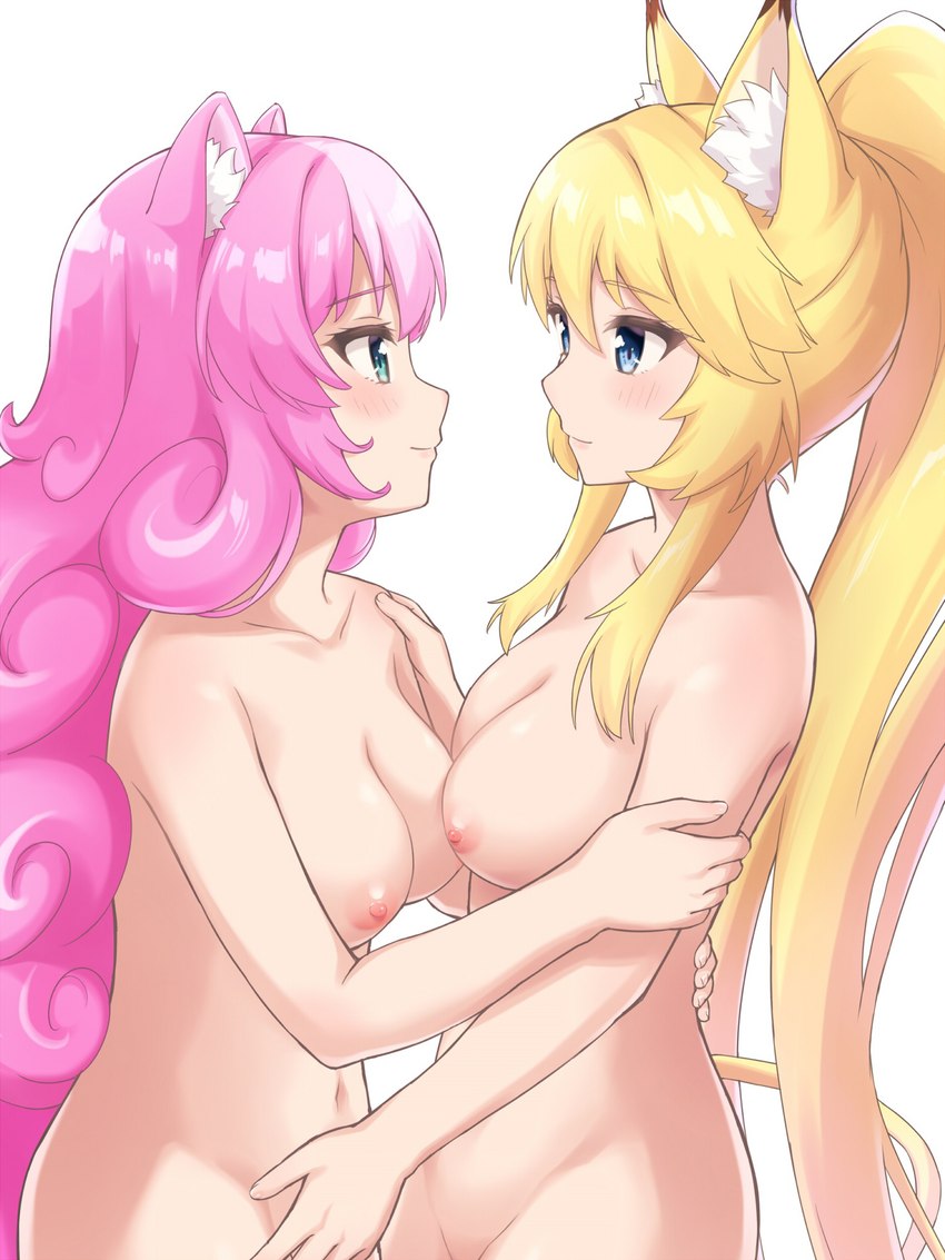 areola big_breasts blonde_hair blue_eyes blush breasts duo female female/female fluffy_ears hair hug huge_breasts long_hair mouth_closed navel nipples nude pink_hair simple_background machikado07 sanrio show_by_rock!! rararin_(show_by_rock!!) sumomone_(show_by_rock!!) animal_humanoid caracal caracal_(genus) caracal_humanoid cat_humanoid domestic_cat felid felid_humanoid feline feline_humanoid felis humanoid mammal mammal_humanoid 3:4 hi_res