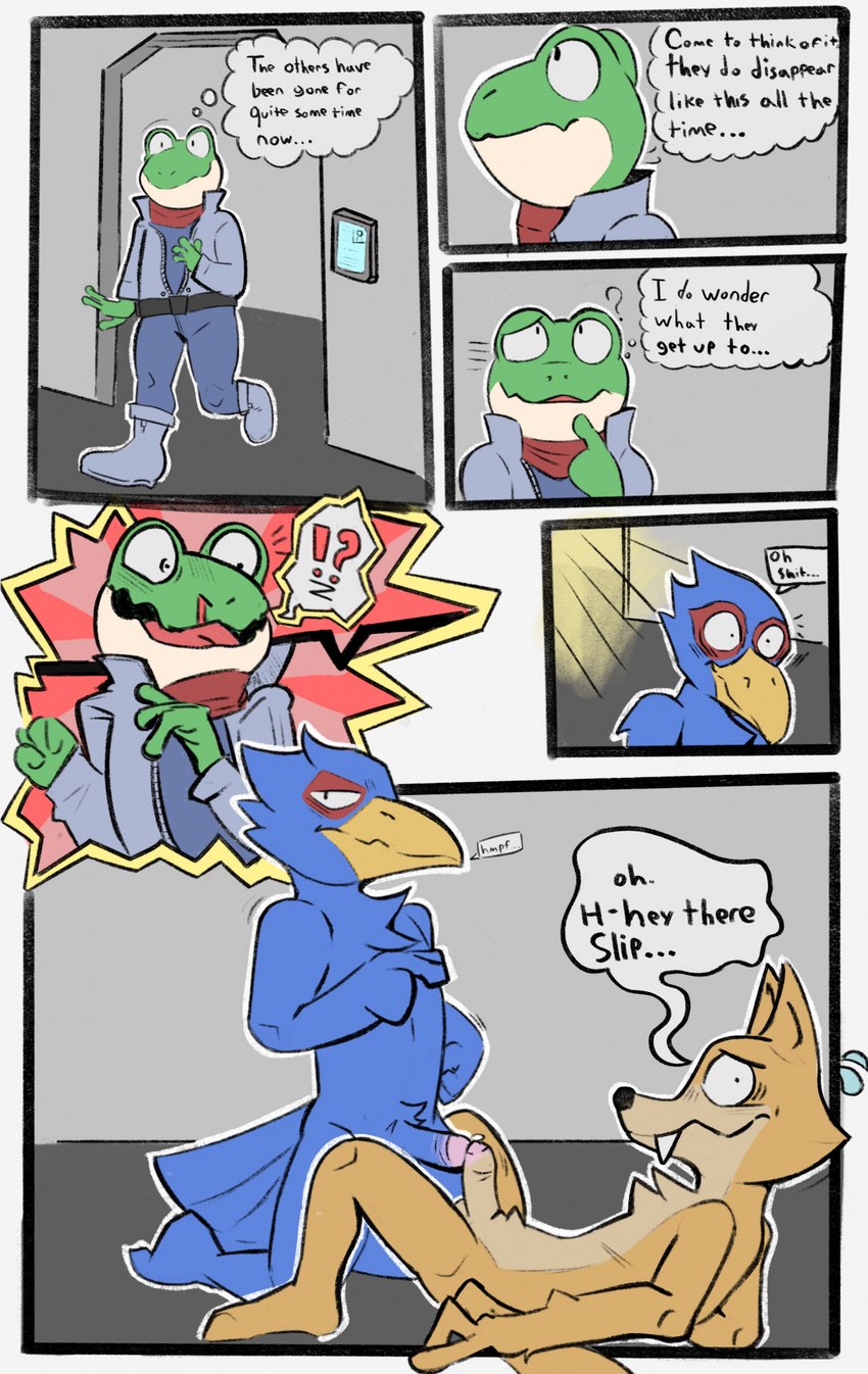 4_fingers 5_panel_comic ?! anthro beak belt biped black_eyes black_nose blood blue_body blue_bottomwear blue_clothing blue_feathers blue_jacket blue_pants blue_penis blue_shirt blue_tail_feathers blue_topwear bodily_fluids border bottomwear caught_in_the_act clothed clothing dialogue doorway duo ellipsis erection exclamation_point feathers feet fingers front_view frottage fur genitals glans green_body green_skin group horizontal_blockage inside jacket kneeling looking_at_another lying male male/male nervous nosebleed nude on_back open_mouth pants penile penis penises_touching pink_glans profanity question_mark sex shirt shocked side_view standing surprise sweat sweatdrop tail tail_feathers tan_body tan_fur tan_penis tan_skin tan_tail text tongue topwear trio walking white_border yellow_beak yellow_body yellow_fur kickingkeldeo nintendo star_fox falco_lombardi fox_mccloud slippy_toad amphibian avian bird canid canine fox frog mammal 2024 absurd_res comic english_text hi_res sequence