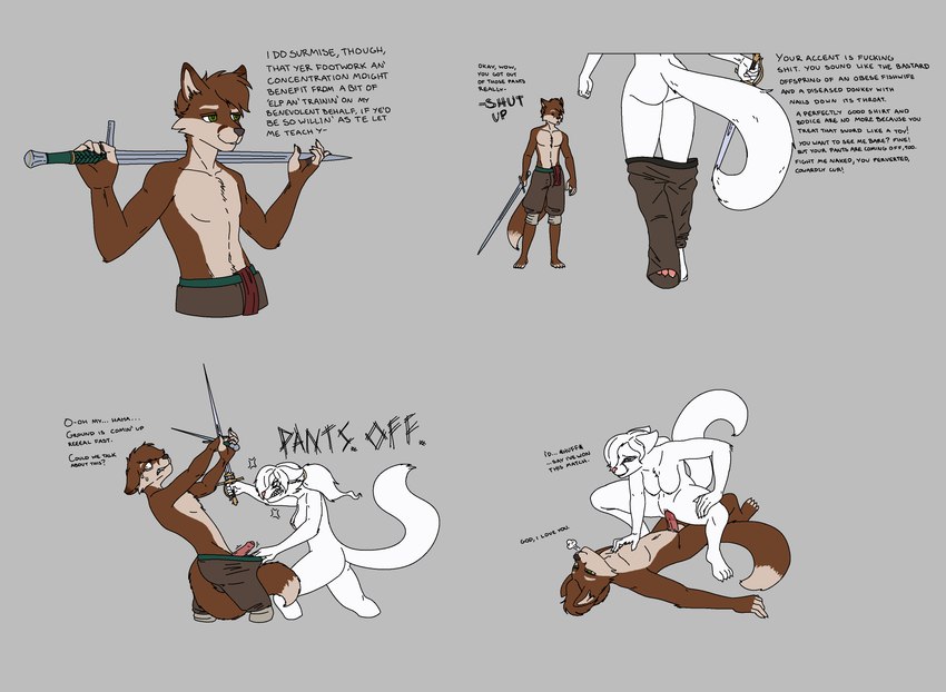 angry anthro assisted_exposure bare_chest base_two_layout basic_sequence bodily_fluids bottomwear bottomwear_down bottomwear_pull breasts breath brown_body brown_fur butt chest_tuft clenched_teeth clothed clothed_to_nude clothing clothing_loss clothing_pull cloud_emanata cowgirl_position cross-popping_vein crouching dialogue duo emanata english_honorific erection female fight fist foreskin four_frame_grid four_frame_image four_frame_sequence from_front_position fur genital_fluids genitals green_eyes grey_background grid_layout hair hanging_breasts honorific i_love_you iconography interrupted_by_reaction interrupted_speech looking_pleasured lying male male/female melee_weapon nervous nipples nude on_back on_bottom on_top pants pants_down pants_pull partially_clothed penetration penis profanity pussy sex simple_background species_in_dialogue split_dialogue spread_legs spreading stuttering sword swordfight teeth text topless topless_to_nude tuft two_row_layout undressing undressing_another vaginal vaginal_fluids vaginal_penetration weapon white_body white_fur white_hair amadboii arcthoudor_of_dunsmuir_(duster) patience_larhun_(duster) canid canine fox mammal 2022 absurd_res comic english_text hi_res sequence