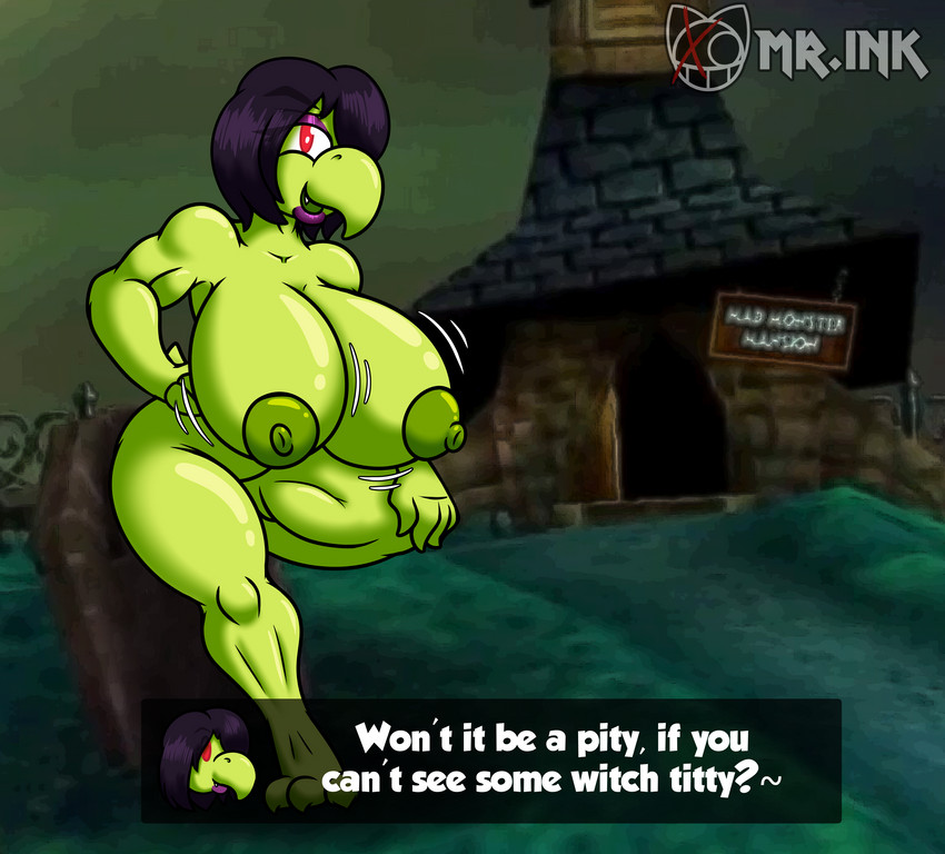 anthro areola big_breasts black_clothing black_dress black_hair breasts clothing costume dialogue dress female fingers green_body green_skin hair halloween_costume holidays huge_breasts looking_at_viewer magic_user nipples non-mammal_breasts nude open_mouth outline simple_background smile solo standing text thick_thighs mr.ink_(artist) banjo-kazooie halloween mario_bros nintendo rareware gruntilda_winkybunion katie_koopa_(character) koopa koopa_troopa reptile scalie absurd_res digital_media_(artwork) english_text hi_res