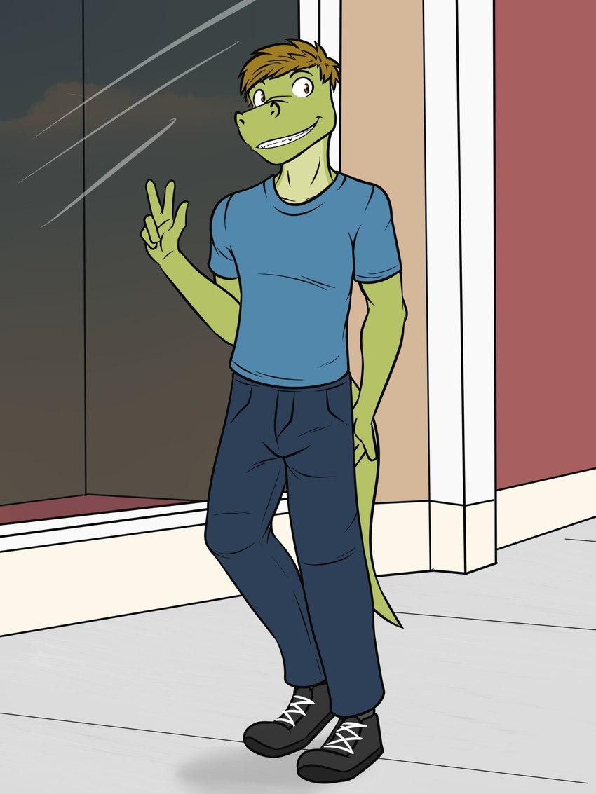 anthro bottomwear clothed clothing footwear fully_clothed gesture hand_gesture male outside pants public shirt shoes solo street t-shirt topwear v_sign fuze gabriel_(fuze) alligator alligatorid crocodilian reptile scalie 3:4 hi_res