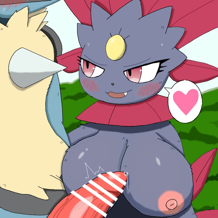 against_surface animal_genitalia anthro big_breasts breast_on_leg breast_squish breasts duo erection female genitals heart_symbol male male/female nipples outside penis simple_background squish zk_(artist) nintendo pokemon generation_4_pokemon lucario pokemon_(species) weavile 1:1 censored hi_res