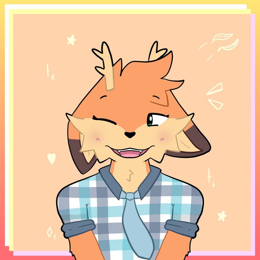 anthro antlers blush clothed clothing female fur green_eyes horn necktie one_eye_closed orange_body orange_fur smile solo wink yarrowplant maple_(jayrnski) deer mammal 1:1 2024 half-length_portrait hi_res portrait nonbinary_(lore)