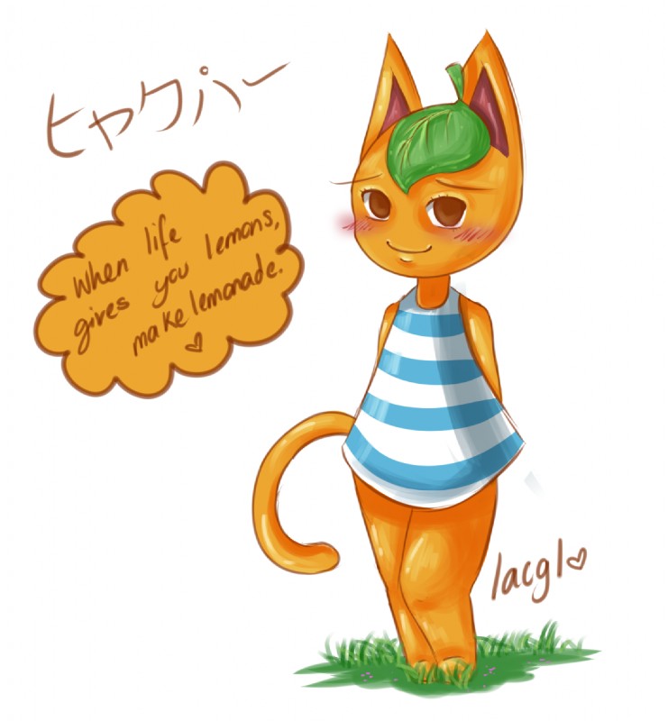 anthro blush brown_eyes female food fruit leaf looking_at_viewer orange_(fruit) plant solo text thick_thighs lacgl requestfaeg animal_crossing nintendo tangy_(animal_crossing) elemental_creature felid flora_fauna food_creature living_fruit living_orange mammal english_text