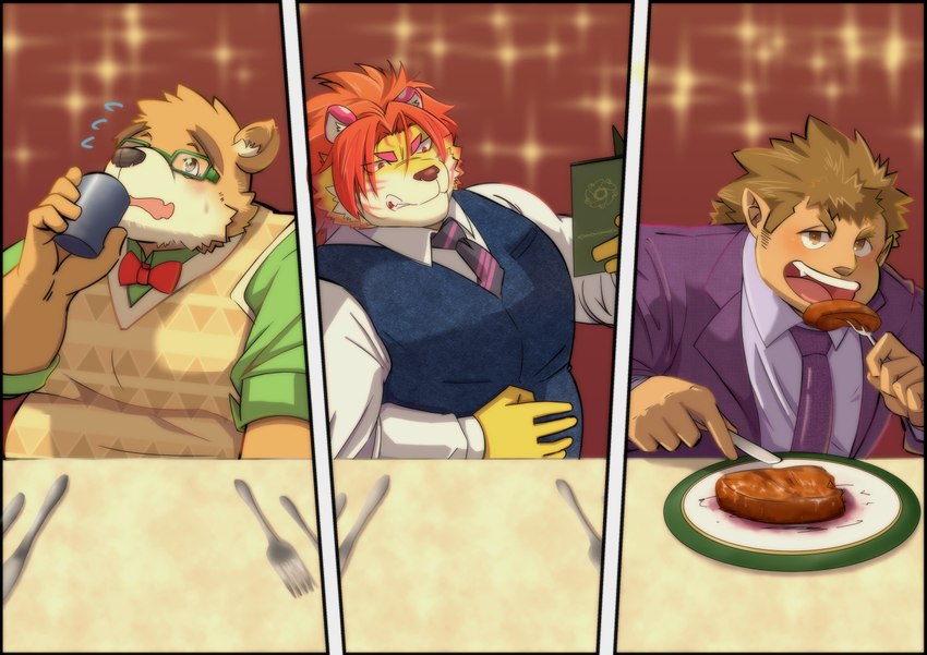 anthro beef blush bow_tie brown_body brown_fur clothing date date_pov embarrassed eyewear first_person_view food fur glasses group male meat necktie steak striped_body striped_fur stripes suit topwear trio vest ononokomachiimo lifewonders tokyo_afterschool_summoners andvari_(tas) nomad_(tas) volos_(tas) bear dwarf felid humanoid mammal pantherine tiger