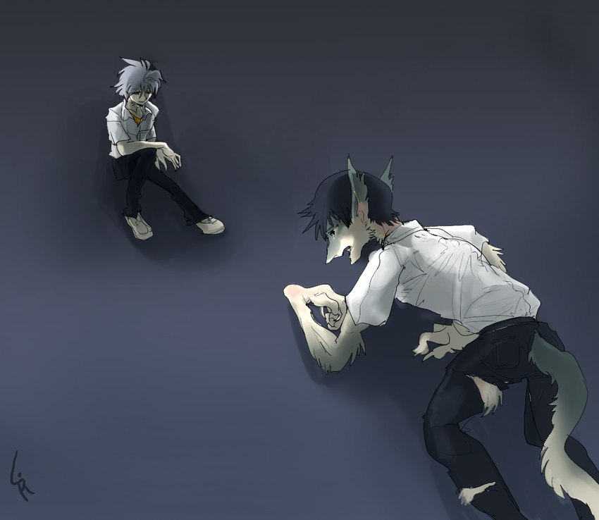 anthro bodily_fluids claws clothed clothing duo fur gradient_background grey_background male simple_background sitting solo tail tears torn_clothing transformation kiki-uma neon_genesis_evangelion vilous kaworu_nagisa shinji_ikari human humanoid mammal sergal 2009 digital_media_(artwork) signature