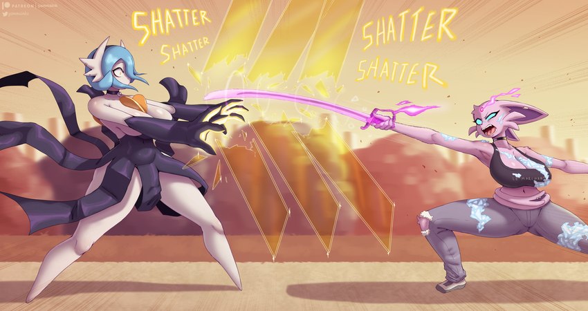 4_fingers 5_fingers angry anthro anthrofied barefoot battle big_breasts biped blurred_background bottomwear bra breasts choker cleavage clothed clothing contact_onomatopoeia duo ear_piercing eyebrows featureless_feet feet female female_anthro fingers footwear furgonomics furry-specific_piercing glowing glowing_eyes hair holding_object holding_weapon huge_breasts impact_onomatopoeia jewelry mega_stone melee_weapon navel necklace onomatopoeia open_mouth outside pants piercing pokemon_move psychic_powers psycho_cut reflect scared shatter shoes sound_effects sports_bra sword tail tail_piercing teeth text text_on_bra text_on_clothing text_on_sports_bra text_on_underwear thick_thighs underwear weapon gammainks nintendo pokemon mandy_(gammainks) vanessa_(gammainks) eeveelution espeon generation_2_pokemon generation_6_pokemon mega_evolution mega_gardevoir pokemon_(species) 2025 absurd_res artist_name digital_media_(artwork) hi_res