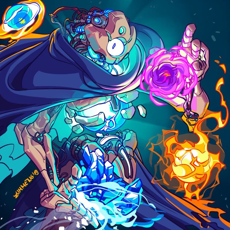 ambiguous_gender aura blue_background bone cloak clothed clothing cracked dark_magic elemental_manipulation energy energy_ball exposed_endoskeleton fantasy fire fireball fire_manipulation fog front_view glowing hood ice ice_manipulation levitation light lights machine magic magic_user orb simple_background skeleton solo spell spinning standing wind wire zummeng slay_the_spire the_defect android animated_skeleton hybrid robot undead 1:1 2019 digital_media_(artwork) hi_res lighting portrait three-quarter_portrait