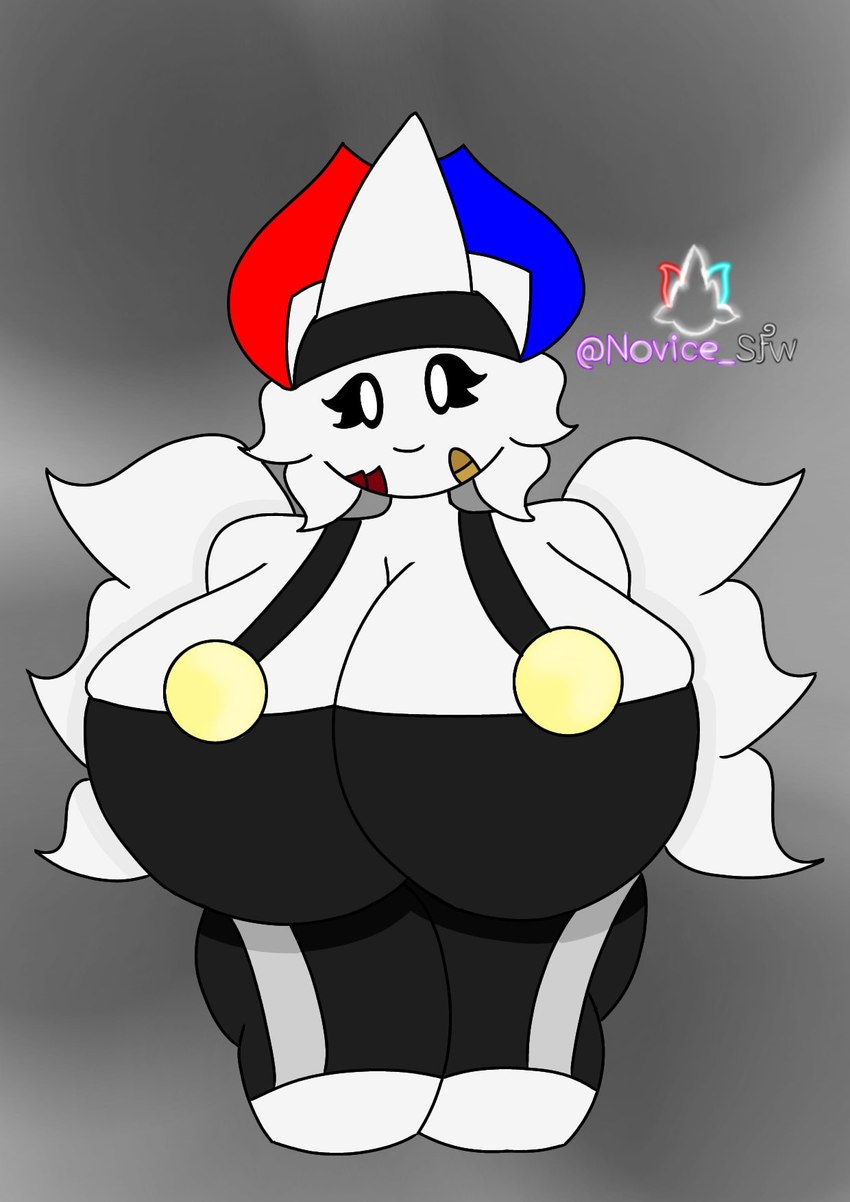 anthro bandage big_breasts bottomwear breasts clothing female huge_breasts overalls shortalls shorts solo white_body wings novice_sfw nintendo pokemon elizabeth_(novice_sfw) generation_4_pokemon pokemon_(species) togekiss hi_res