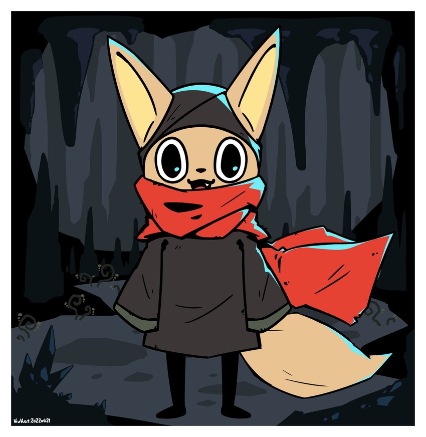 anthro big_eyes black_clothing black_eyes black_shirt black_topwear border cave clothing fangs happy kerchief long_shirt looking_at_viewer male open_mouth red_scarf scarf shirt solo tail teeth topwear white_border young young_anthro young_male kukat tailed_demon_slayer canid canine fox mammal absurd_res hi_res