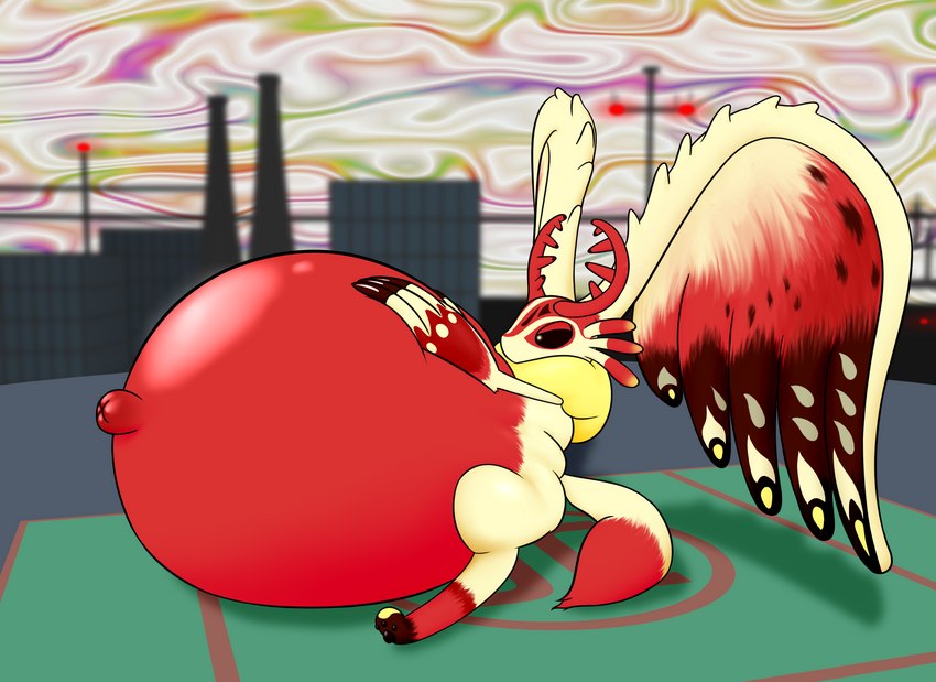 abstract_background annoyed anthro antlers belly big_belly big_ears black_claws black_pawpads black_sclera chest_tuft city city_background claws fur glistening glistening_belly hand_on_belly helipad horn huge_belly hyper hyper_belly inflation male navel outie_navel overweight overweight_male pawpads pupils red_body red_fur sitting solo thick_thighs tuft white_body white_fur white_pupils yellow_body yellow_fur hidden97 kirby_(series) kirby_and_the_forgotten_land nintendo chaos_elfilis alien alien_humanoid humanoid mammal mouse murid murine rodent hi_res