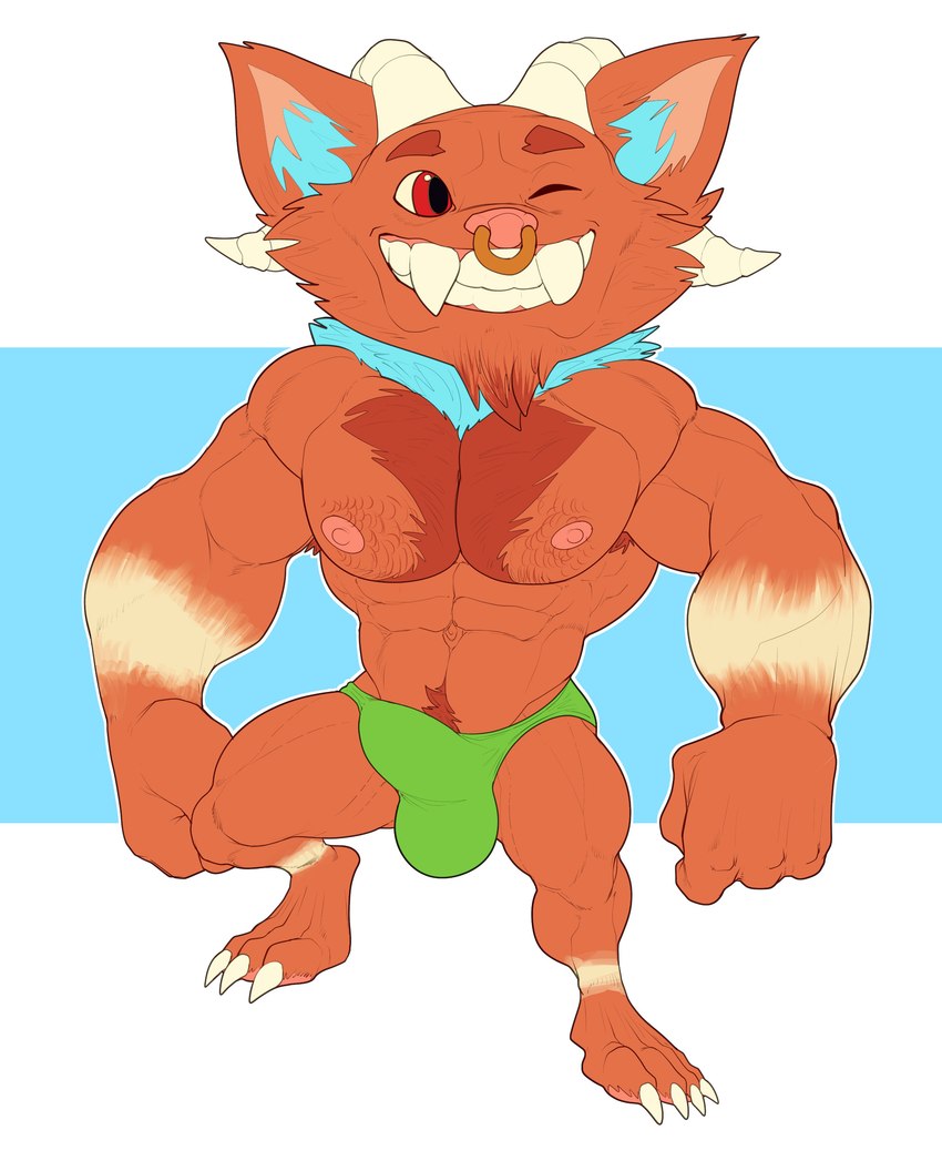 2_horns 4_fingers 4_toes abs anthro barefoot biceps big_biceps big_bulge big_deltoids big_mouth_(anatomy) big_muscles big_pecs blue_background blue_body blue_fur blue_inner_ear blue_neck bottomwear brown_body brown_chest brown_eyebrows brown_fur brown_markings brown_pubes bulge cheek_tuft chin_tuft claws clothed clothed_anthro clothed_male clothing countershading dark_chest dark_markings deltoids detailed_bulge ear_tuft eyebrows facial_piercing facial_tuft feet fingers forearm_muscles front_view fur genital_outline green_bottomwear green_clothing green_speedo green_swimwear gums head_horn horn huge_muscles humanoid_hands inner_ear_fluff jewelry latissimus_dorsi light_belly light_bottomwear light_claws light_gums light_inner_ear light_jewelry light_markings light_neck light_nipples light_pawpads light_ring light_speedo light_swimwear looking_aside looking_away male male_anthro manly markings multicolored_body multicolored_fur muscular muscular_anthro muscular_arms muscular_male muscular_thighs navel neck_tuft nipples nose_piercing nose_ring obliques open_mouth open_smile orange_arms orange_body orange_chest orange_ears orange_face orange_feet orange_fingers orange_fur orange_hands orange_legs orange_toes pawpads pecs penis_outline piercing pink_gums pink_nipples pink_pawpads plantigrade pose pubes quads red_eyes ring_piercing serratus simple_background skimpy smile solo speedo standing striped_arms striped_legs swimwear tan_arms tan_body tan_fur tan_inner_ear tan_legs tan_markings tan_stripes tight_bottomwear tight_clothing tight_speedo tight_swimwear toes toony topless topless_anthro topless_male triceps tuft two_tone_arms two_tone_chest two_tone_inner_ear two_tone_legs white_background white_claws white_horn yellow_jewelry yellow_ring bristol league_of_legends riot_games tencent fan_character mammal yordle 2022 absurd_res colored digital_drawing_(artwork) digital_media_(artwork) flat_colors full-length_portrait hi_res portrait