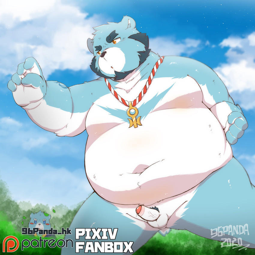 anthro balls belly big_belly blue_body blue_fur blush bodily_fluids duo fur genitals humanoid_genitalia humanoid_hands humanoid_penis kemono male outside overweight overweight_male penis pubes small_penis sweat white_body white_fur 96panda bonasiah full_attack sophring_hao sophring_jie bear mammal 1:1 2020 hi_res