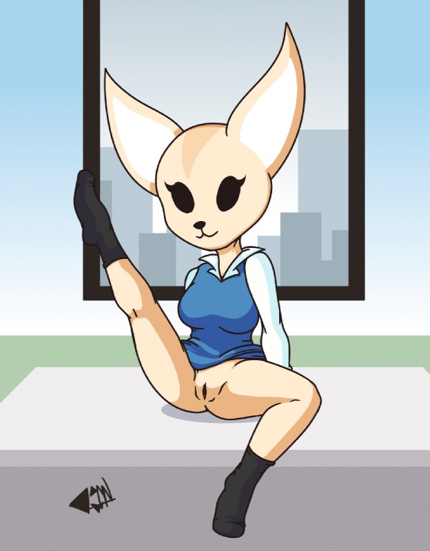 anthro breasts clothed clothing female fur inside no_underwear solo spread_legs spreading kcn aggretsuko sanrio fenneko canid canine fennec_fox fox mammal true_fox hi_res