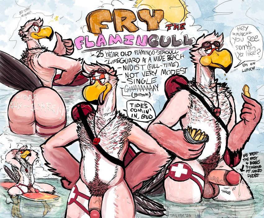 anthro balls beach beak big_butt big_penis blush bodily_fluids butt casual_erection casual_exposure casual_nudity clothing cum dripping erection eyewear eyewear_on_head feathers flotation_device foreskin genital_fluids genitals goggles goggles_on_head humanoid_genitalia humanoid_penis leaking leaking_cum leaking_precum legband lifeguard lifeguard_swimsuit looking_at_viewer male nude nude_beach nudist open_mouth outside partially_submerged peeing penis pink_body pink_feathers precum red_cross retracted_foreskin sea seaside simple_background sky smile solo surfboard swimming swimming_goggles swimwear tail text thick_thighs thighband urine urine_stream vein veiny_penis water watersports whistle_(object) whistle_around_neck tailtax fry_(tailtax) avian bird flamingo flamingull gull hybrid lari larid 2025 absurd_res digital_media_(artwork) english_text hi_res