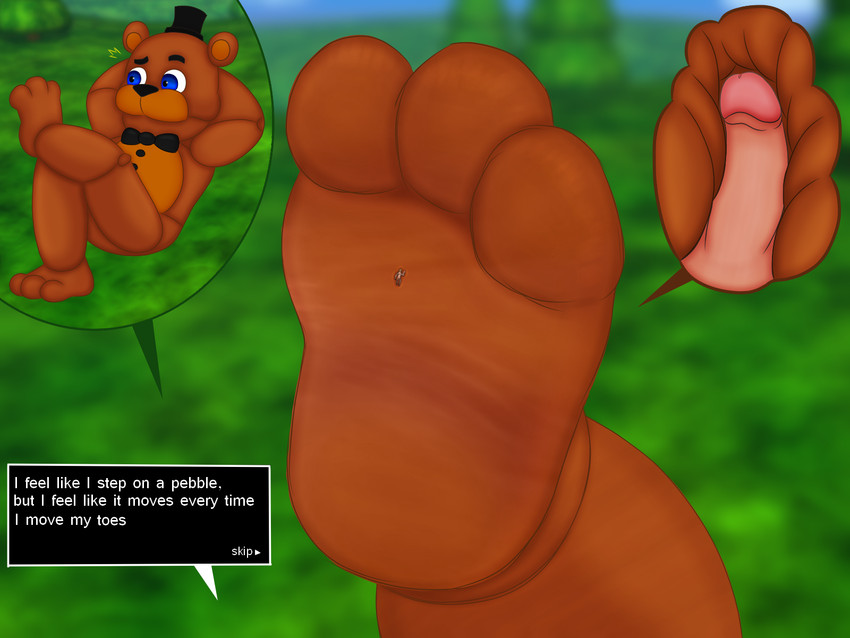 3_toes anthro bow_(feature) bow_tie dialogue dialogue_box duo extreme_size_difference feet foot_fetish foot_focus foot_play footjob genitals male male/male paws penis sex size_difference smaller_male soles stomping text text_box toes worship smashcuenta123 five_nights_at_freddy's five_nights_at_freddy's_world scottgames freddy_(fnaf) bear human humanoid mammal 4:3 english_text hi_res