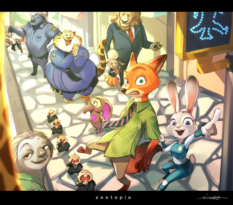 ambiguous_gender anthro black_bars building city clothed clothing eyewear fur glasses group horn lifting light outside overweight sidewalk sunlight uniform gidora_(artist) disney zootopia benjamin_clawhauser chief_bogo dawn_bellwether duke_weaselton finnick_(zootopia) flash_slothmore judy_hopps leodore_lionheart nick_wilde bovid bovine canid canine cape_buffalo caprine cheetah cricetid domestic_sheep felid feline fennec_fox fox lagomorph least_weasel lemming leporid lion mammal mustelid musteline pantherine pilosan rabbit red_fox rodent sheep sloth three-toed_sloth true_fox true_musteline weasel xenarthran hi_res letterbox lighting