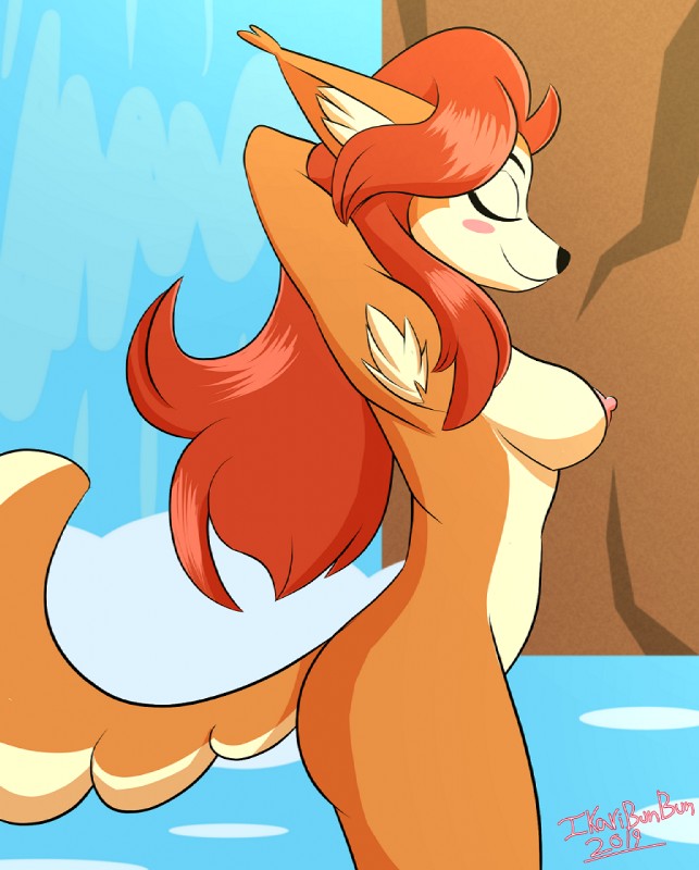 anthro armpit_hair big_breasts big_ears body_hair breasts butt ear_tuft female fur fur_tuft hair nipples nude side_view simple_background smile solo standing tuft water waterfall ikaribunbun super_fuck_friends the_witch_(sff) canid canine fox mammal digital_media_(artwork)