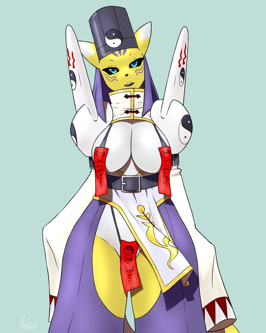 anthro belt big_breasts breasts female fur headdress markings shoulder_pads solo talisman_bikini talisman_bra talisman_on_pussy white_body white_fur yellow_body yellow_fur yin_yang furball bandai_namco digimon canid canine digimon_(species) fox mammal taomon hi_res