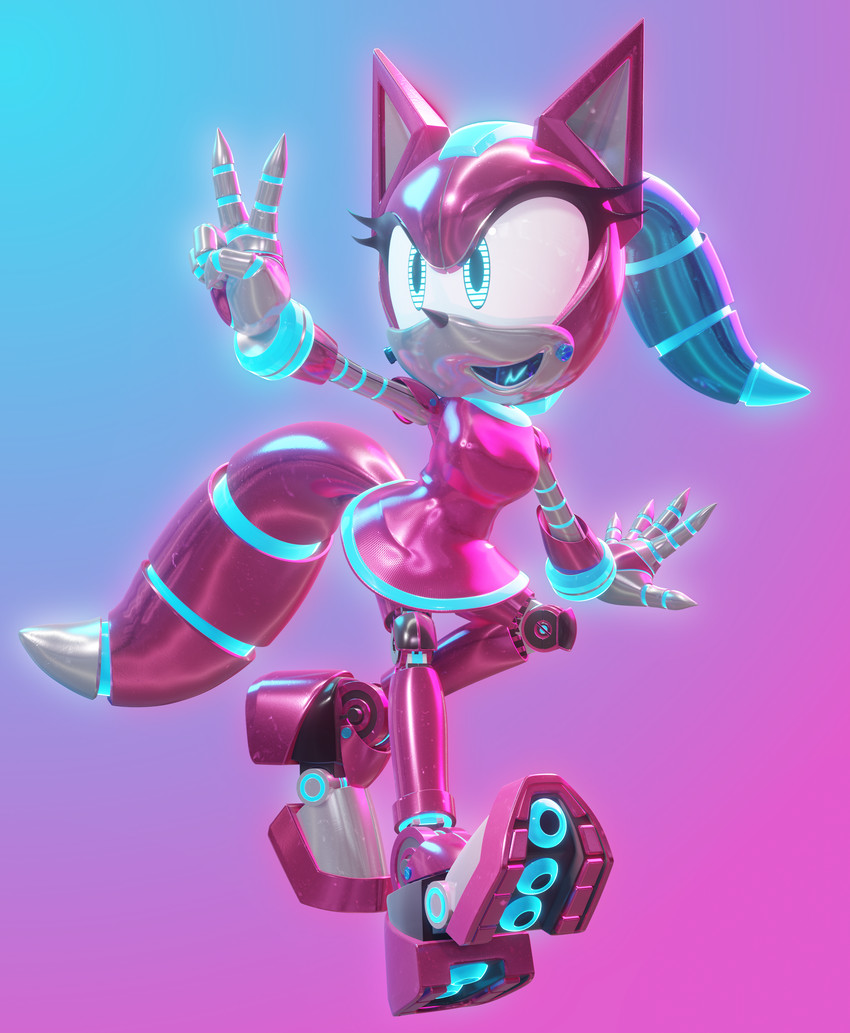 alternative_fashion anthro blue_eyes clothed clothing cyberpop dress female gesture glowing hair hand_gesture j-fashion machine metal_clothing metallic_body pink_body ponytail solo v_sign lady_luna sega sonic_the_hedgehog_(series) fan_character kate_the_mecha-wolf android canid canine canis mammal robot wolf 3d_(artwork) absurd_res digital_media_(artwork) hi_res gynomorph_(lore) trans_(lore) trans_woman_(lore)