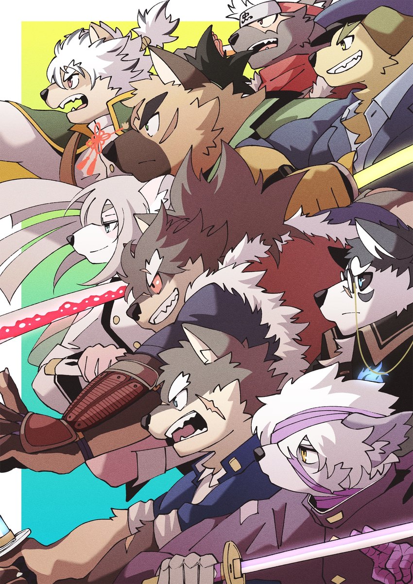 accessory anthro brown_body brown_fur eyewear fur glasses grey_body grey_fur group hair headband katana long_hair male melee_weapon ninja pink_body pink_fur ponytail samurai scar smile sword warrior weapon kakeroid lifewonders tokyo_afterschool_summoners masanori_(tas) masashi_(tas) moritaka_(tas) nobumichi_(tas) shino_(tas) tadatomo_(tas) tanetomo_(tas) yasuyori_(tas) yoshito_(tas) canid canine canis domestic_dog mammal hi_res