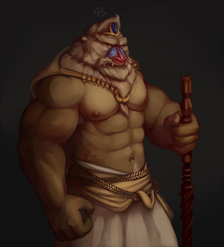 abs anthro beard biceps clothing crown facial_hair headgear male muscular muscular_anthro muscular_male nipples pecs solo khangakhai haplorhine mammal mandrill monkey old_world_monkey primate hi_res