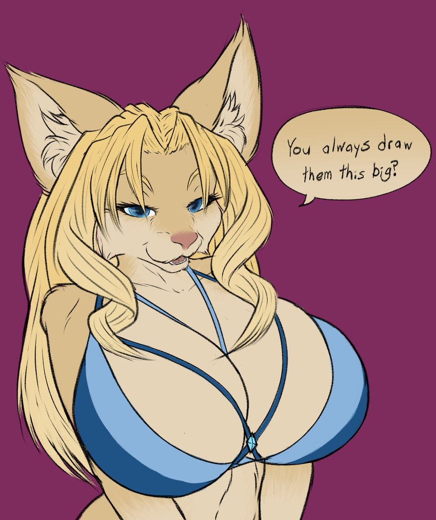 anthro big_breasts blonde_hair blue_eyes bra breasts brown_body brown_fur clothing dialogue drill_curls female fur hair huge_breasts long_hair looking_at_viewer mischevious pose red_background simple_background solo text underwear leksi_(artist) cheese_quesadilla domestic_cat felid feline felis mammal digital_media_(artwork) english_text hi_res pinup