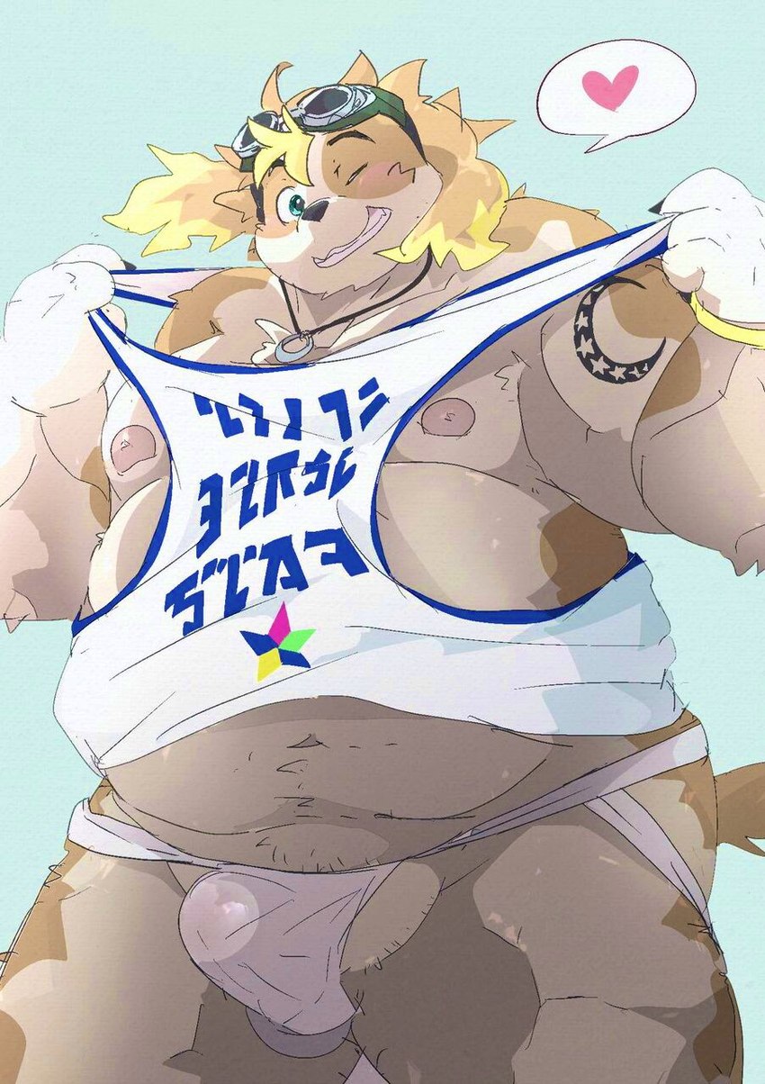 anthro balls barely_visible_balls barely_visible_genitalia belly blush bulge clothing detailed_bulge eyewear genitals goggles grin heart_symbol jockstrap male navel nipples one_eye_closed overweight overweight_male shirt smile solo tank_top tattoo topwear underwear wink dumdum lifewonders live_a_hero hisaki_(live_a_hero) canid canine canis domestic_dog mammal hi_res