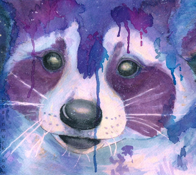 abstract_art ambiguous_gender paint painting solo whiskers banrai mammal procyonid raccoon headshot_portrait painting_(artwork) portrait purple_theme traditional_media_(artwork) watercolor_(artwork)