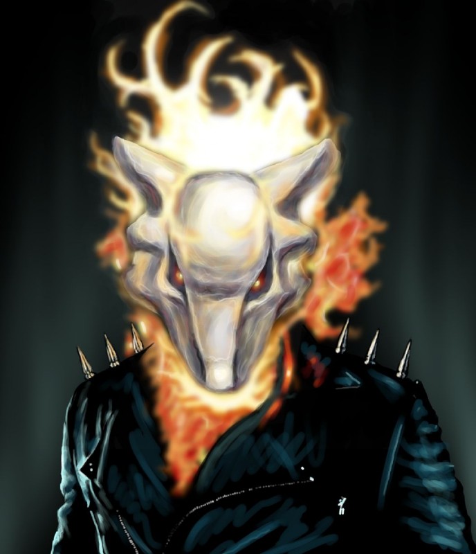 bone clothing fire jacket leather leather_clothing leather_jacket leather_topwear looking_at_viewer male skull solo topwear heavenhairsixes marvel nintendo pokemon ghost_rider generation_1_pokemon marowak pokemon_(species) bust_portrait crossover digital_media_(artwork) hi_res portrait