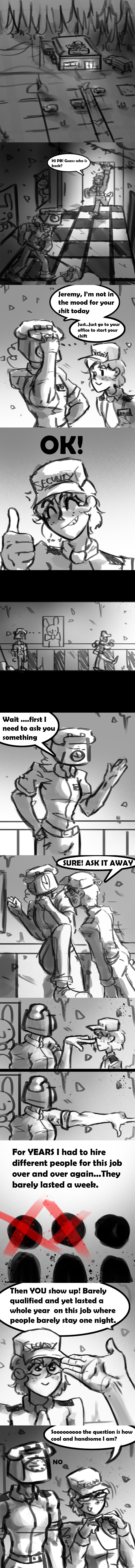 annoyed cleaning_tool clothed clothing comic_book comic_panel dialogue duo femboy fingers flirting hair heart_symbol male male/male profanity smile speech_bubble text eviltqf five_nights_at_freddy's five_nights_at_freddy's_2 scottgames jeremy_fitzgerald phone_guy_(fnaf) human mammal 2023 absurd_res comic digital_media_(artwork) english_text hi_res long_image tall_image