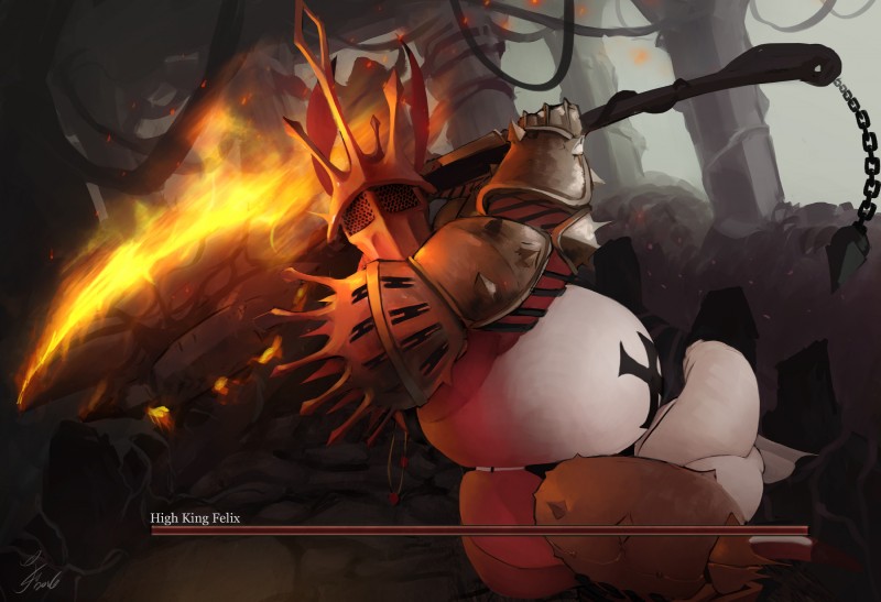 anthro armor axe balls battle_axe belly big_belly big_ears big_penis black_body black_skin bracers butt chain clothing column crown detailed_background fire flaccid flaming_weapon foreskin gameplay_mechanics gauntlets genitals gloves gui handwear headgear health_bar helmet huge_penis humanoid_genitalia humanoid_penis jewelry large_weapon magic_weapon male markings melee_weapon nude overweight overweight_anthro overweight_male penis plant red_body red_skin rock slightly_chubby solo spiked_armor spikes text vines weapon white_balls white_body white_penis white_skin zomacaius bandai_namco dark_souls digimon fromsoftware guilmonboy fan_character king_felix digimon_(species) guilmon scalie 2016 absurd_res digital_media_(artwork) english_text hi_res