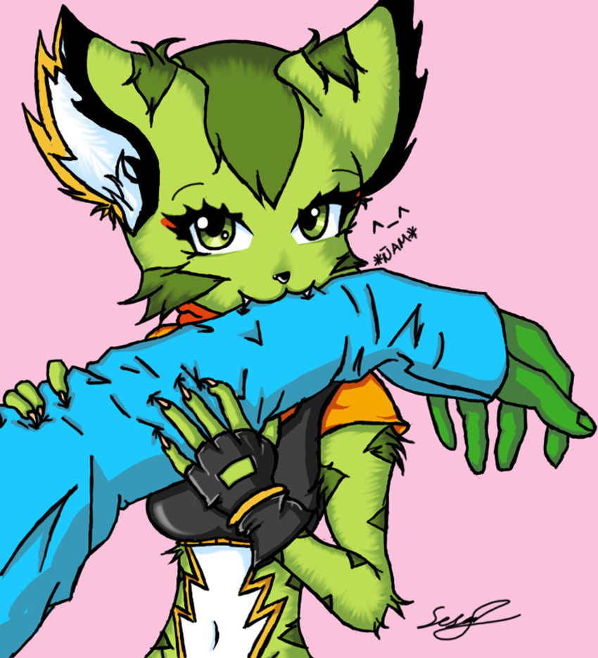 ambiguous_gender anthro bite breasts claws clothing duo female fingerless_gloves fur gloves green_body green_eyes green_fur handwear midriff navel pink_background simple_background teeth ses_loera_lopez freedom_planet galaxytrail carol_tea felid feline felis mammal wildcat hi_res