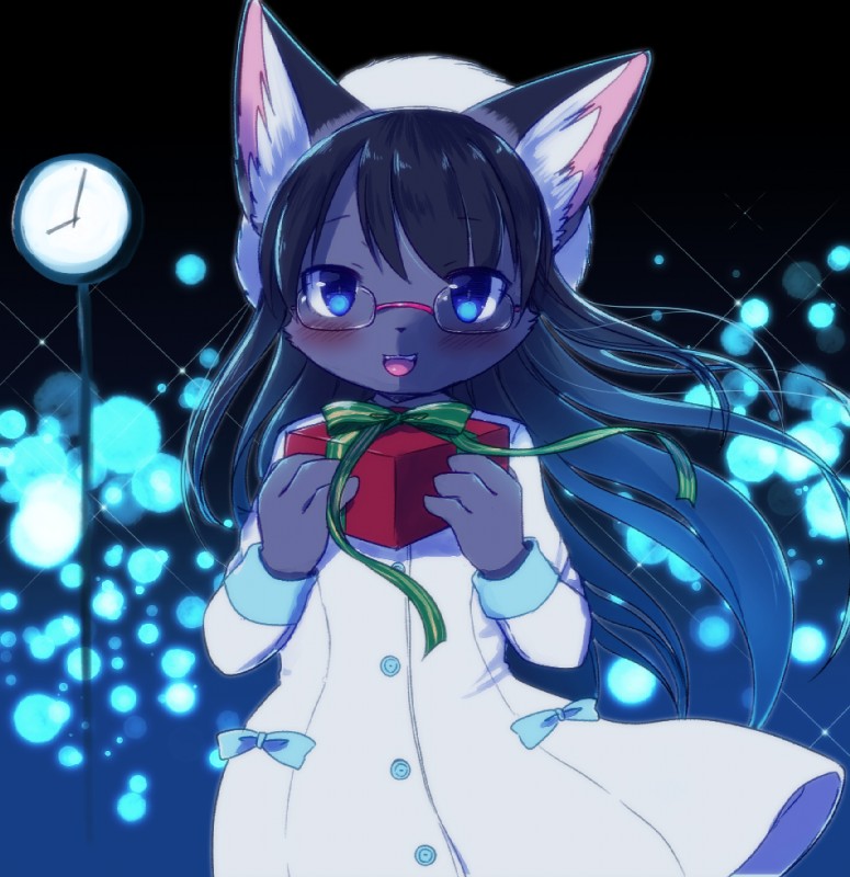 blue_eyes clock clothing eyewear female fur glasses hair happy kemono long_hair looking_at_viewer open_mouth open_smile ribbons smile solo kemoribbon domestic_cat felid feline felis mammal portrait