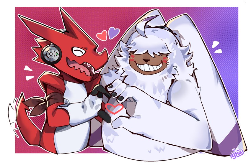 anthro belt duo electronics fur gesture grin hair hair_over_eyes headphones heart_gesture heart_symbol long_ears male male/male ponytail_ears red_body smile white_body white_fur graysheartart bandai_namco digimon angoramon digimon_(species) lagomorph leporid mammal rabbit scalie shoutmon hi_res